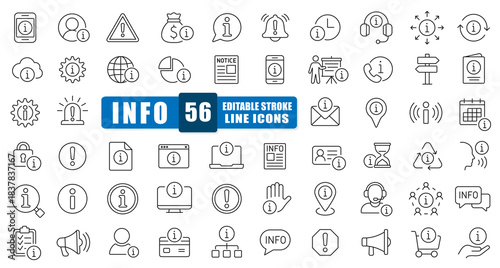 Information Line Icon Vector Set. A Collection Of 54 Thin Line Editable Stroke Icons Representing Help, Support, Alerts, Tips, And Communication. Perfect For Websites, Apps, Customer Service. Isolated