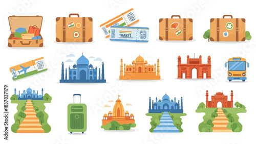 Travelthemed flat vector illustration of suitcases tickets buses and Indian architectural icons