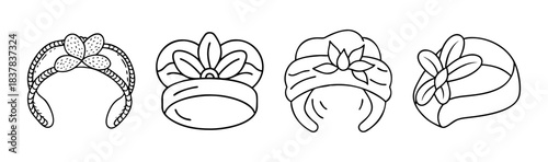 Elegant women's headwear collection: headbands, crowns, turbans, and hats.