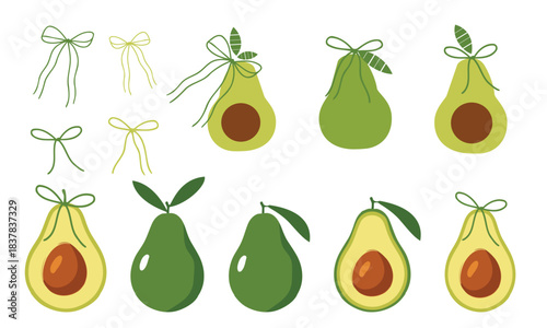 Collection of avocado illustrations with various styles and decorative bow elements, featuring whole fruits and cut halves for fresh, organic, and modern graphic design uses.