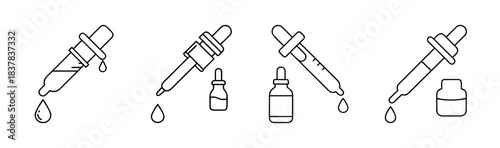 Dropper bottles and pipettes with falling drops, line art icon set illustration