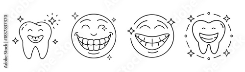 Happy tooth and smiling faces with clean, sparkling teeth, line art icon set