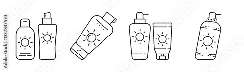 Sunscreen and sunblock line art icons for safe summer skin protection.