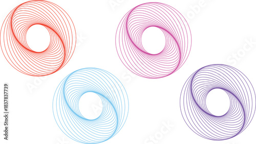 described showcases four colorful spirals, each representing a unique hue: red, pink, blue, and purple. These spirals are artistically arranged,