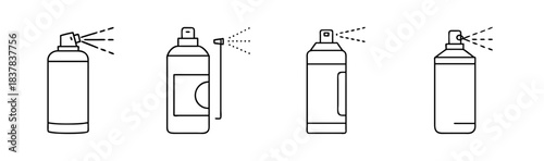 Line art illustration of various spray cans with misting nozzles, vector set