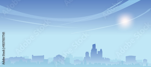 Blue panoramic poster of the city skyline with misty background buildings and clouds of CHICAGO, UNITED STATES