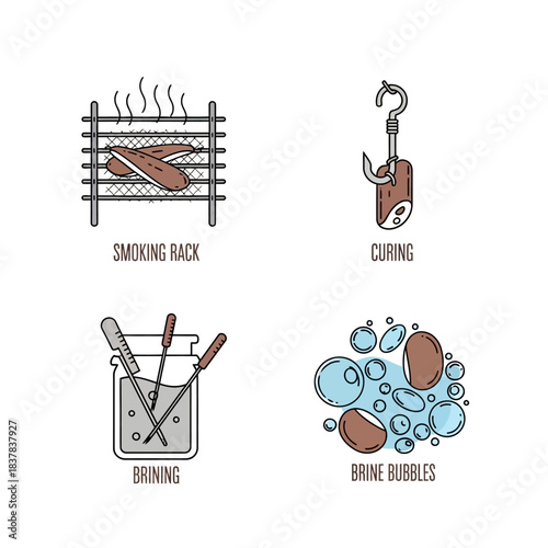 Food preparation icons for smoking curing brining and brine bubbles.