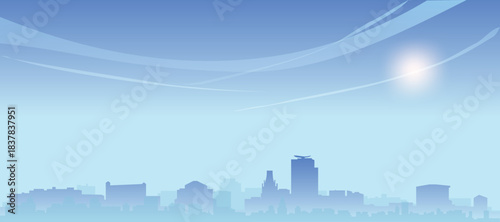 Blue panoramic poster of the city skyline with misty background buildings and clouds of LYON, FRANCE