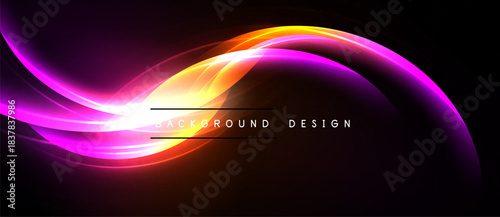 Abstract vibrant waves, purple, orange hues. Dynamic smooth lines create energy, light effect over black backdrop. Modern design element.