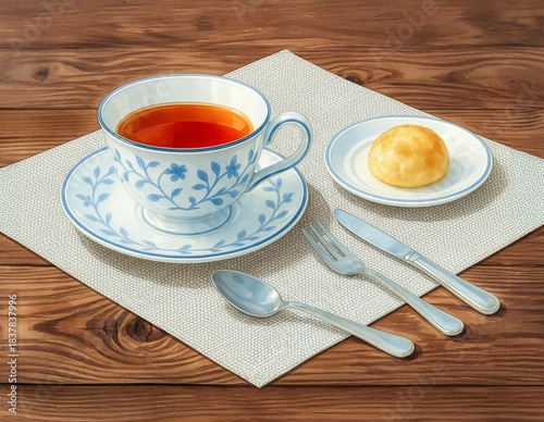 Afternoon tea illustration with tea and baked goods