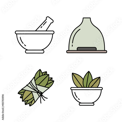 Herbal Medicine Preparation with Mortar, Pestle, Herbs, and Incense Burner.