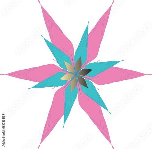 The image showcases a symmetrical, star-like floral design that captivates with its vibrant color scheme and intricate layering. The design consists of pointed petals arranged in layers