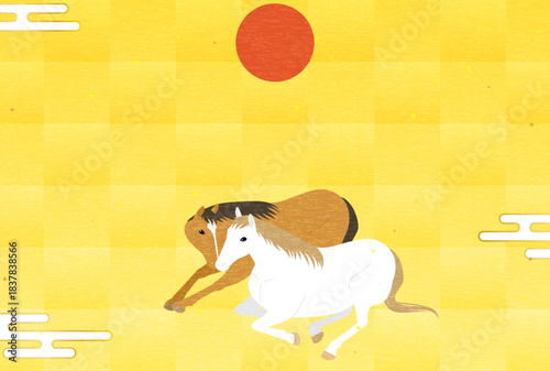 2026年午年の年賀状、顔を寄せ合う二頭の馬と初日の出