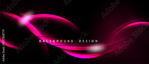 Abstract pink waves over black background. Smooth curves create dynamic visual effect. Modern design element for digital projects.