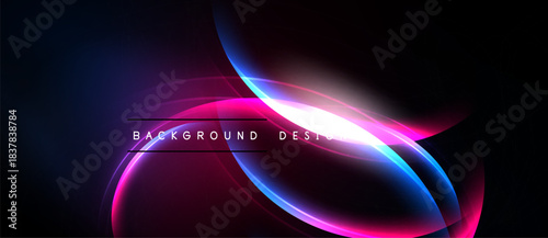 Abstract design features vibrant curves, glowing lines. Dark background emphasizes bright pink, blue hues. Modern, dynamic visual.