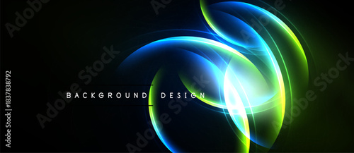 Abstract design features vibrant glowing curves. Blue, green, yellow light shapes overlap dark background. Modern aesthetic, dynamic composition.