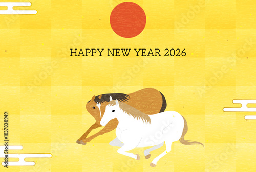 2026年午年の年賀状、顔を寄せ合う二頭の馬と初日の出