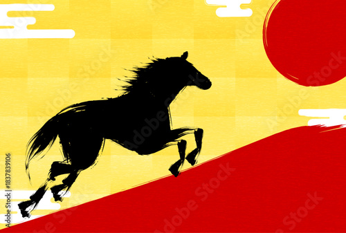 2026年午年の年賀状、日の出に向かって駆けあがる筆書きの馬と赤富士のシルエット