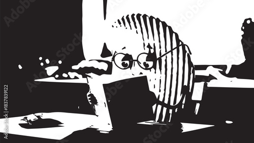 Monochrome portrait of a thoughtful figure at a desk surrounded by books and vinyl records.