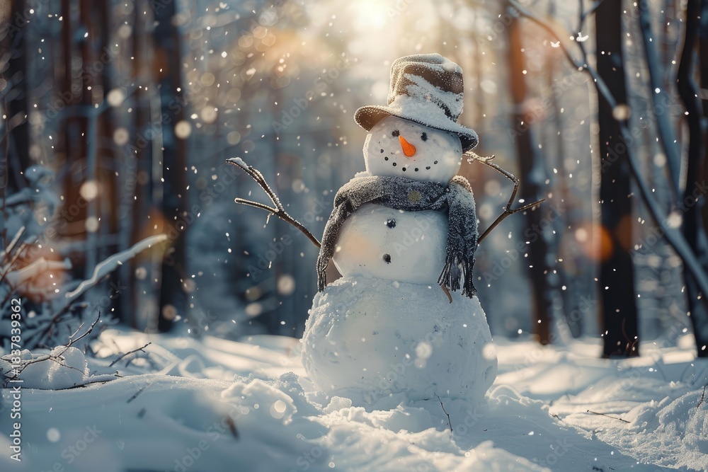Obraz premium Charming snowman with hat and scarf enjoys snowfall in beautiful winter forest