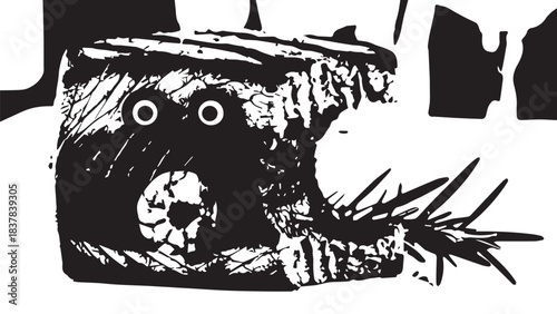 High contrast, black and white stylized animal head illustration with horned features.