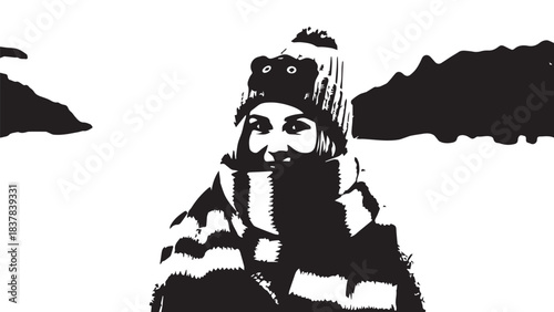 Black and white portrait of a bundled traveler in winter gear against snowy mountains.