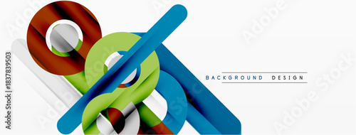 Abstract geometric shapes overlap, creating dynamic colorful composition. White background enhances vibrant design elements.