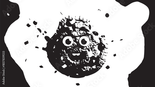 Bold Abstract Black and White Splash Form Featuring a Circular Face Motif.