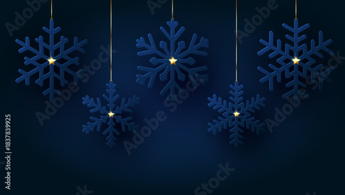Christmas card with snowflakes decorated gold shining stars on navy background