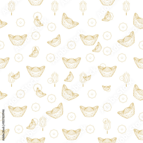 Geometric Chinese Prosperity Wireframe Seamless Pattern