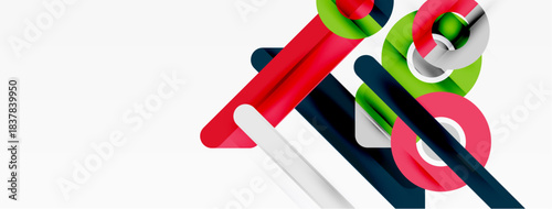 Abstract geometric shapes overlap, creating dynamic composition. Colors include red, green, blue, pink, white. Modern design elements present.