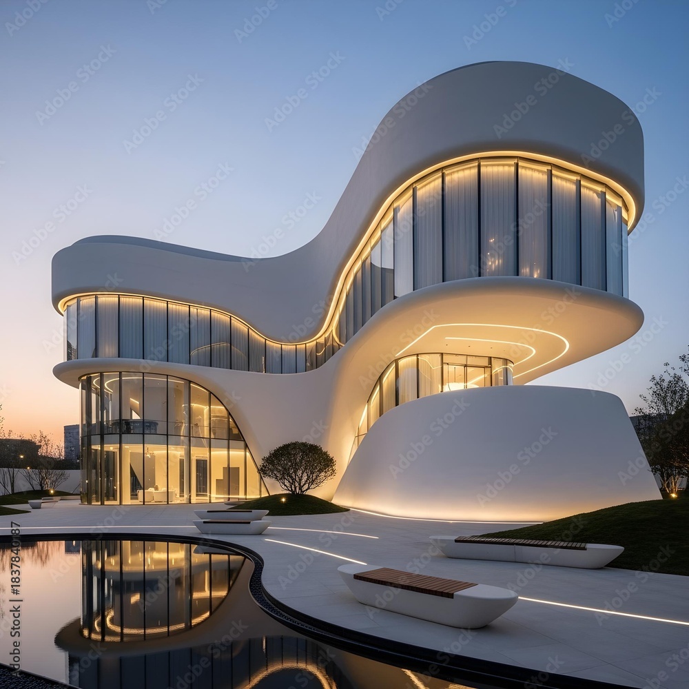 Fototapeta premium Innovative Urban Elegance: Sleek Minimalist Structure with Fluid Curves, Soft Ambient Lighting, and Harmonious Modern Design in a Serene Contemporary Setting