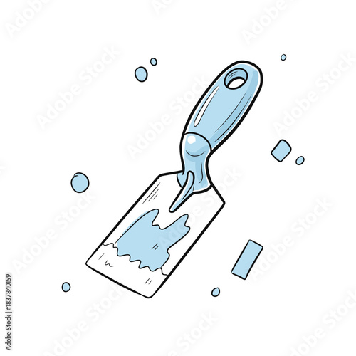 Coloring spatula with blue paint on white background  