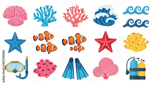 A cartoon illustration of marine life featuring coral fish diving gear  waves