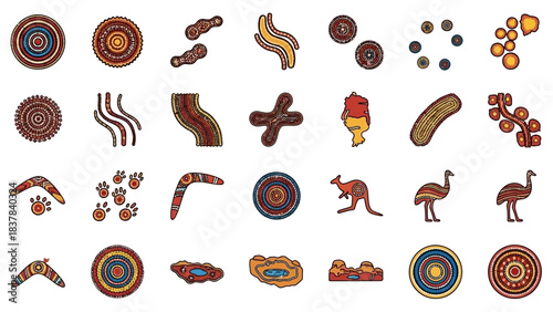 An array of Australian aboriginal art symbols isolated on a white background