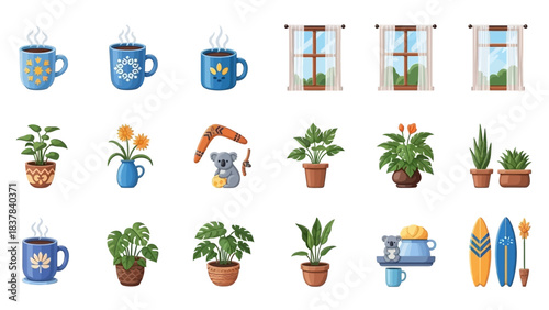 An assortment of stylized illustrations showing beverages plants windows and Australian paraphernalia
