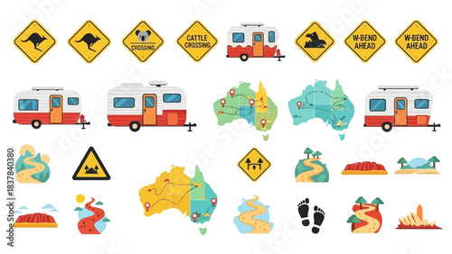 An array of Australian symbols  icons kangaroo signs maps caravans  landscapes illustrating travel  tourism