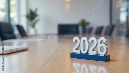 Silver numbers 2026 on a wooden boardroom table, symbolizing future business strategy, annual corporate goals, and executive planning meeting.