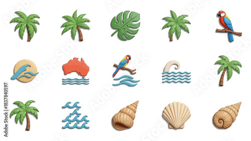 Assorted tropicalthemed icons palms shells waves map of Australia  parrots