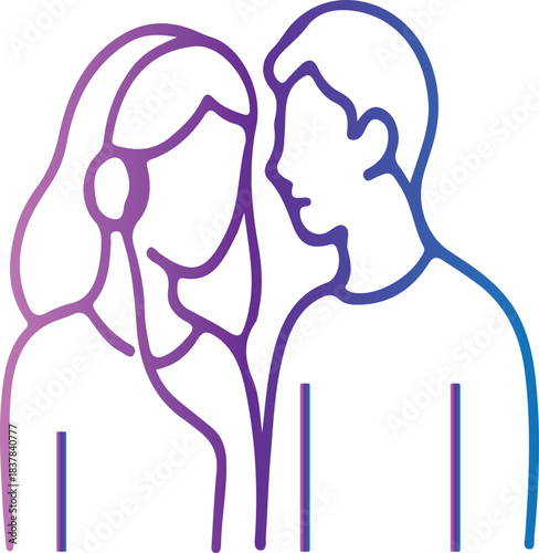 Gradient line art illustration of a couple sharing headphones, symbolizing connection, communication, and shared interests in a modern style. perfect for digital media projects, apps, and web design.