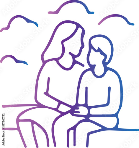 Stylized linear gradient illustration of an adult woman comforting a child, symbolizing care, family bond, and emotional support, on a clean background.