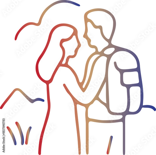 Gradient line art illustration of a loving couple embracing during an outdoor adventure, symbolizing partnership, travel, and shared exploration.