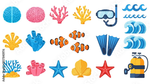 Cartoon aquatic set coral fish diver gear waves