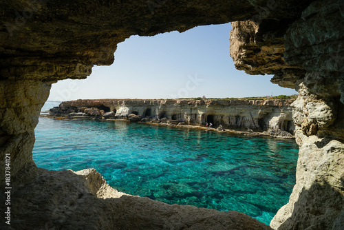 Obraz na plátne Famous window in Sea Caves of Ayia Napa, beautiful rock formation near Cape Grec