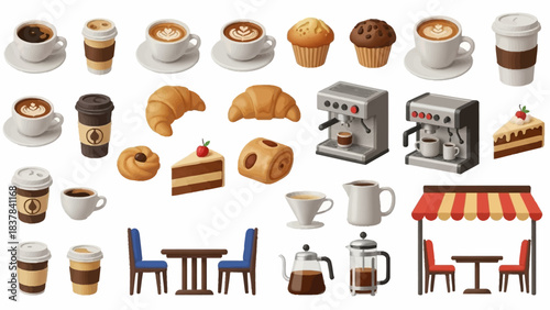 Coffee shop icons drinks pastries equipment furniture and outdoor seating