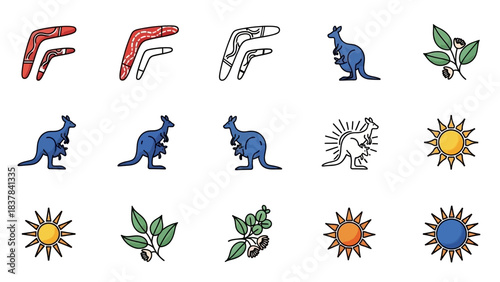 Depiction of Australian icons boomerangs kangaroos leaves and suns