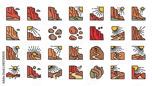 Desert landscape icons cliffs stones sun river Color illustrations with bold outlines