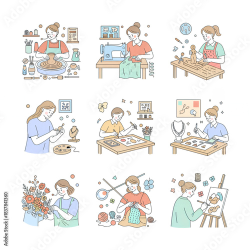 Creative handmade crafting activities illustration with pottery, sewing, drawing, knitting, and floral design in soft pastel style