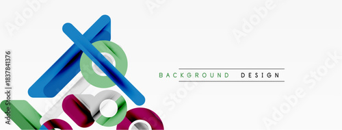 Abstract geometric shapes overlap, creating dynamic visual composition. Colors include blue, green, purple, gray. Minimalist design.