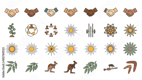 Graphic depiction with handshakes sun icons plants animals and Australian aboriginal cultural symbols